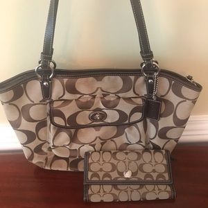 Coach signature brown handbag & wallet.